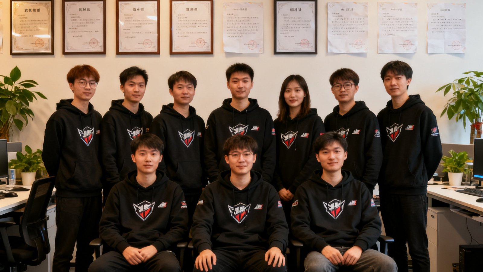多宝电竞核心团队在开放式办公室内合影，背景墙上挂满各大赛事奖牌和玩家寄来的感谢信，团队成员穿着印有公司logo的黑色卫衣