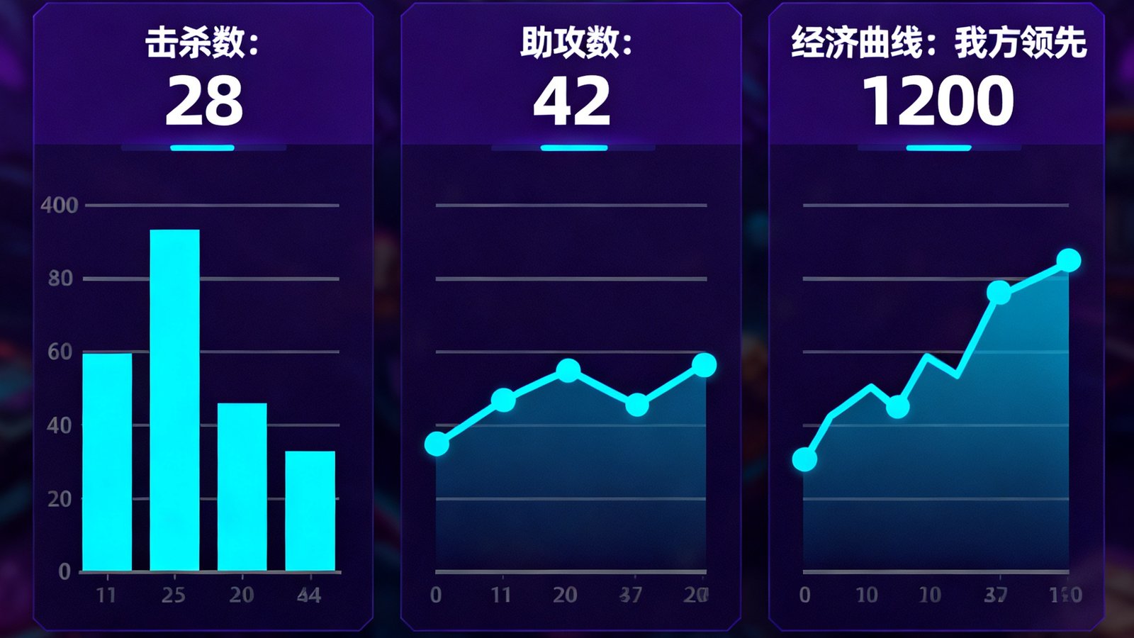 多宝电竞实时战绩统计仪表盘截图，展示击杀数、助攻数、经济曲线等详细数据可视化图表